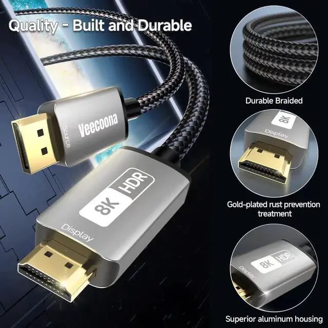 Alt view image 5 of 7 - JAENFONG DisplayPort 1.4 to HDMI 2.1 Cable - 10FT with 8K@60Hz 4K@120Hz 2K@144Hz Nylon Braided Unidirectional DP (Source) to HDMI (Display) Supports HDCP 2.3 HDR10 Display Port for AMD NVIDIA and PC