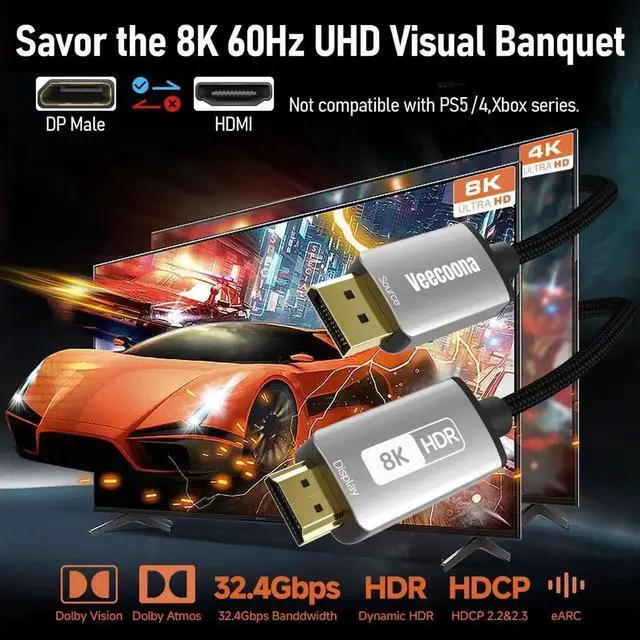 Alt view image 7 of 7 - JAENFONG DisplayPort 1.4 to HDMI 2.1 Cable - 10FT with 8K@60Hz 4K@120Hz 2K@144Hz Nylon Braided Unidirectional DP (Source) to HDMI (Display) Supports HDCP 2.3 HDR10 Display Port for AMD NVIDIA and PC