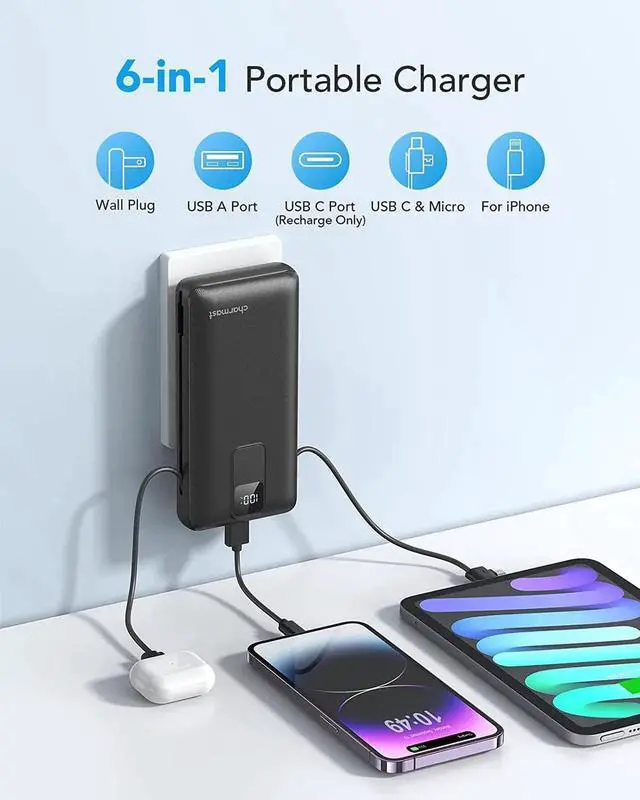 Alt view image 4 of 7 - JAENFONG Charmast Portable Charger with Built-in Cables and Wall Plug 20000mAh 20W USB C Power Bank Fast Charging Battery Pack Travel Essentials Compatible with iPhone 16/15/14/13 Series Google iPad
