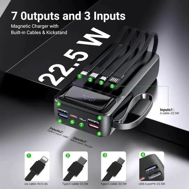 Alt view image 3 of 7 - Portable Charger Power Bank 50000mAh- 7 Outputs & 3 Inputs USB-C 22.5W Fast Charging Battery Pack with Built-in Cables and Ports Compatible with Most of Cellphones and Devices for Travel Camping