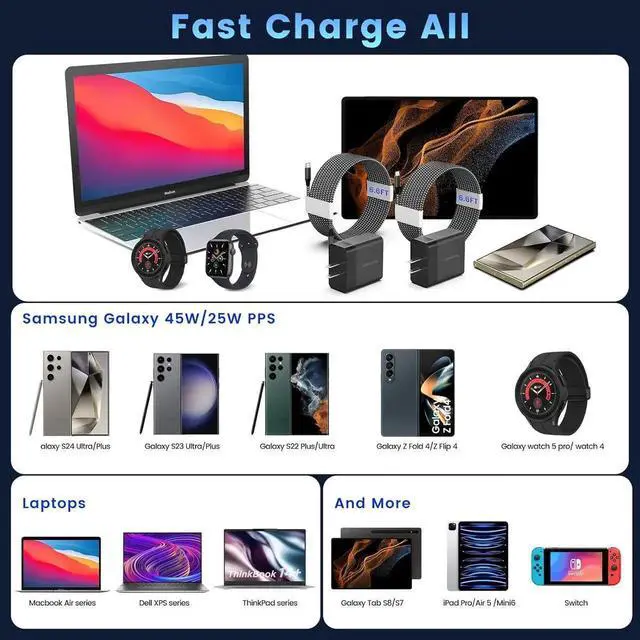 Alt view image 6 of 6 - 2Port 45W Super Fast Charger Type C 2Pack 45W USB-C Charger Android Phone Charger Fast Charging for Galaxy S24 Ultra/S24+/S24/S23 Ultra/S23+/S22/S20/Note10+/Tab S9 with 2X 6.6ft Type C Cord