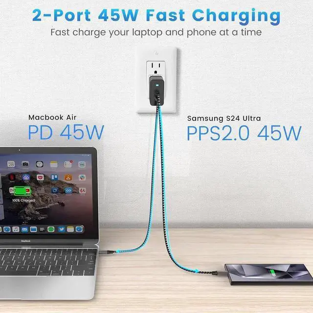 Alt view image 2 of 6 - 2Port 45W Super Fast Charger Type C 2Pack 45W USB-C Charger Android Phone Charger Fast Charging for Galaxy S24 Ultra/S24+/S24/S23 Ultra/S23+/S22/S20/Note10+/Tab S9 with 2X 6.6ft Type C Cord