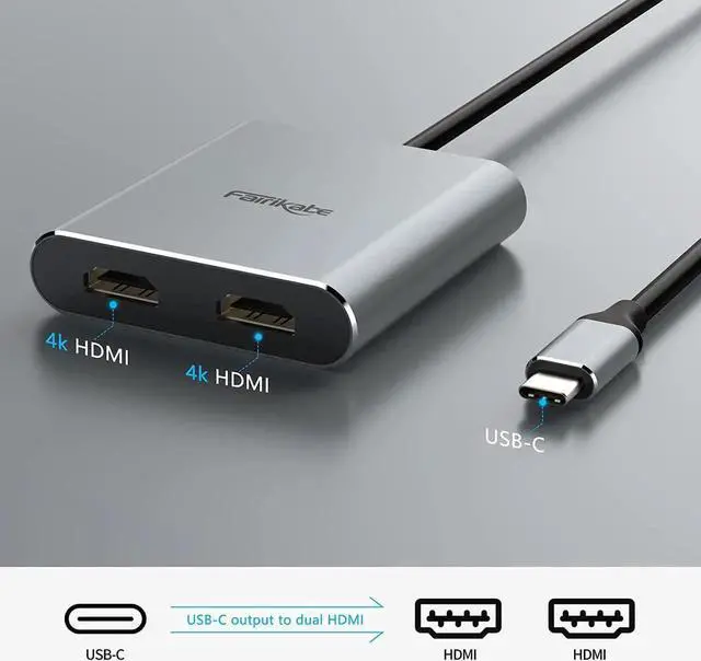 Alt view image 3 of 7 - JAENFONG USB C to Dual HDMI Adapter 4K 60Hz Splitter 2 Monitors Extended Display Type C Hub Multiple Docking Station for Laptop(DP Alt Mode Required) Compatible with Thunderbolt 3