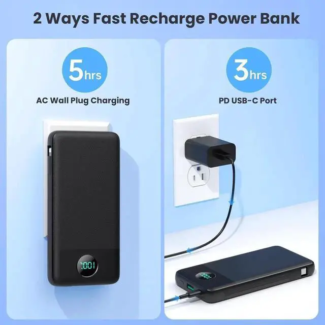 Alt view image 3 of 7 - Portable Charger USB C Power Bank with 2 Built in Cables & AC Wall Plug 13800mAh Portable Battery Pack Fast Charging Compact LED Display Universal Compatible with iPhone 16/15 Galaxy S23 Tablets etc