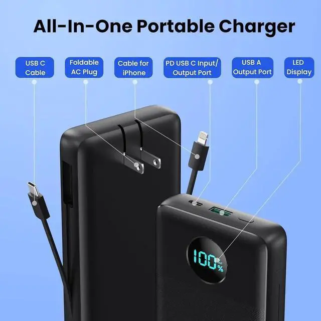 Alt view image 4 of 7 - Portable Charger USB C Power Bank with 2 Built in Cables & AC Wall Plug 13800mAh Portable Battery Pack Fast Charging Compact LED Display Universal Compatible with iPhone 16/15 Galaxy S23 Tablets etc