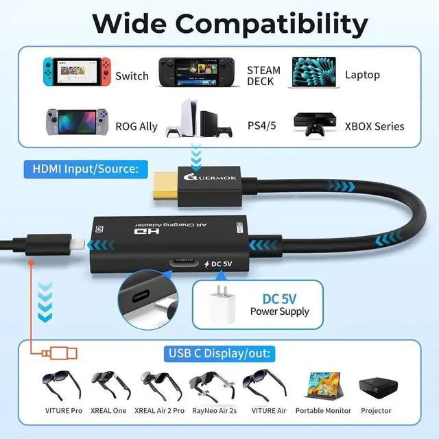 Alt view image 6 of 7 - JAENFONG AR Glasses HDMI to USB-C Display Adapter 4K@60Hz Play and Charge XR Converter with DC 5V for XREAL One/Air 2 Pro/RayNeo/Rokid Steam Switch 2/1 PS5/4 Portable Monitors (Black)