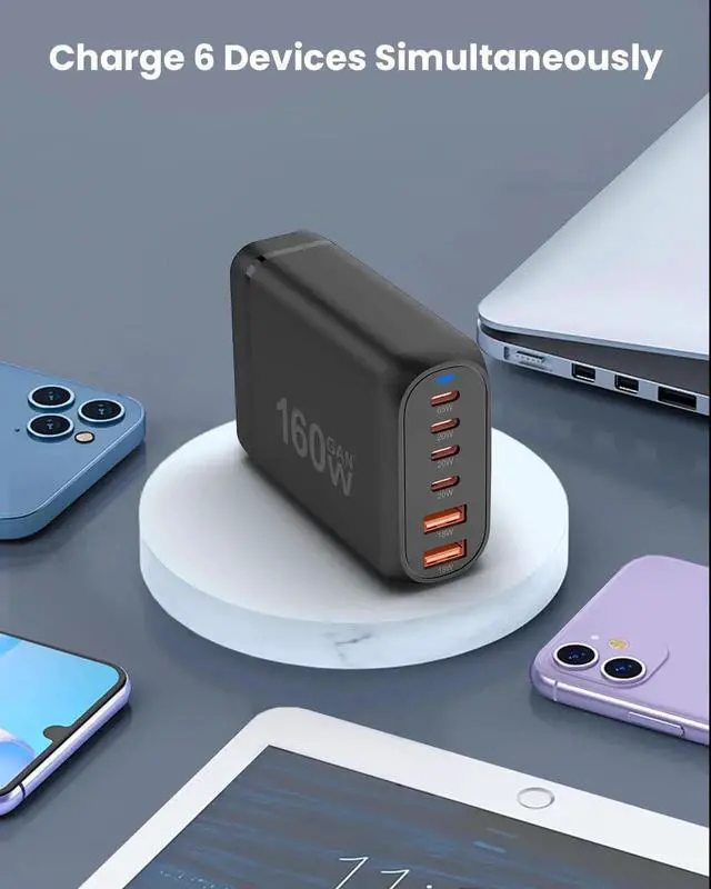 Alt view image 4 of 6 - USB C Charger 160W 6-Port Fast Charging Station with 4 USB-C + 2 USB-A Portable Multiport Charging Wall Block Hub for iPhone 16 15 14 13 12 iPad Pro MacBook Galaxy Pixel Switch