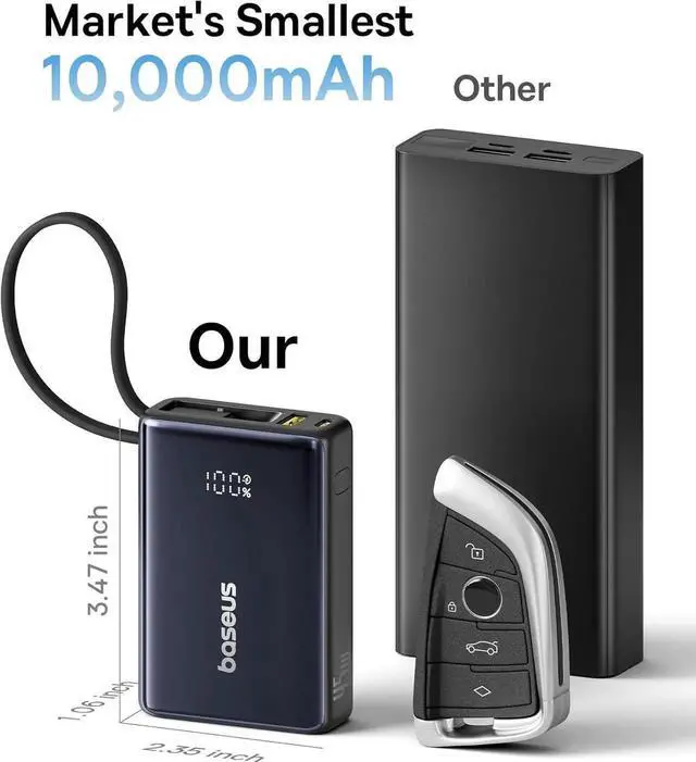 Alt view image 2 of 7 - JAENFONG Power Bank Picogo 10000mAh 45W 3-Output Portable Charger with Built-in USB-C Cable PPS/PD QC Fast Charging External Battery Pack for iPhone 16/15/14/13 Series S22 S21 Google iPad etc