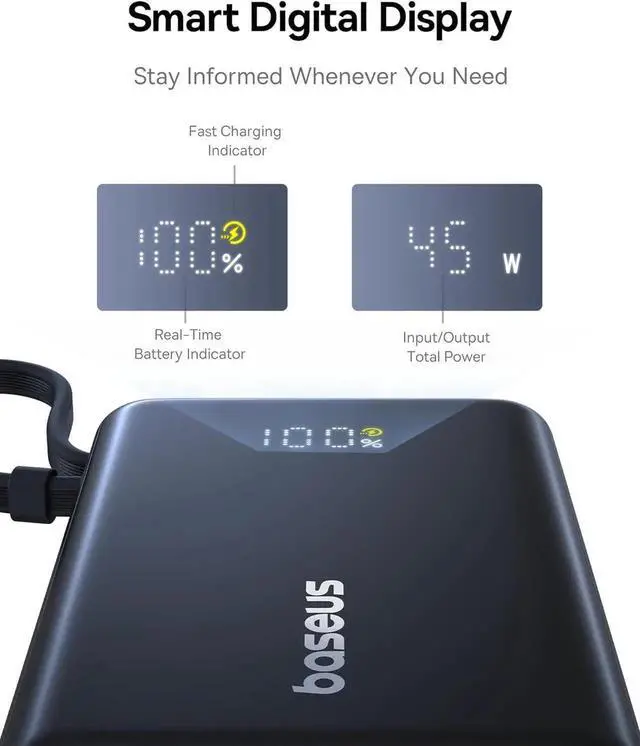 Alt view image 7 of 7 - JAENFONG Power Bank Picogo 10000mAh 45W 3-Output Portable Charger with Built-in USB-C Cable PPS/PD QC Fast Charging External Battery Pack for iPhone 16/15/14/13 Series S22 S21 Google iPad etc