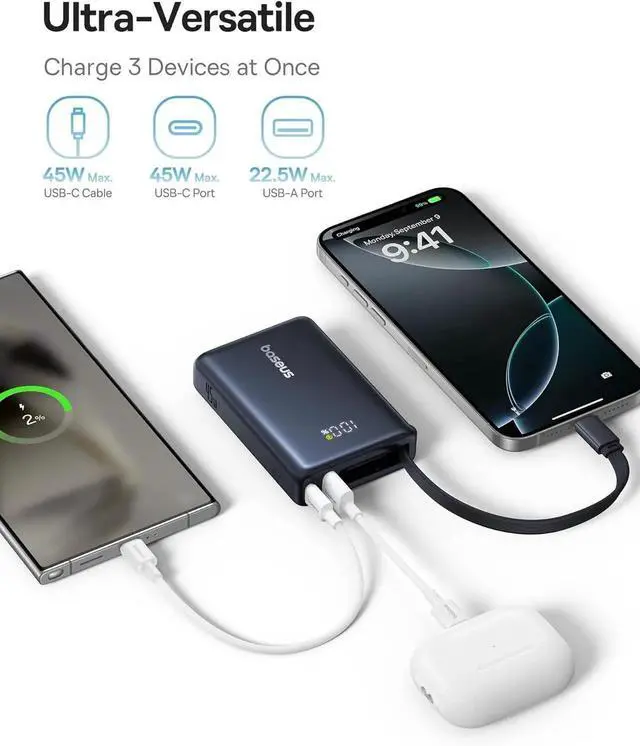 Alt view image 6 of 7 - JAENFONG Power Bank Picogo 10000mAh 45W 3-Output Portable Charger with Built-in USB-C Cable PPS/PD QC Fast Charging External Battery Pack for iPhone 16/15/14/13 Series S22 S21 Google iPad etc