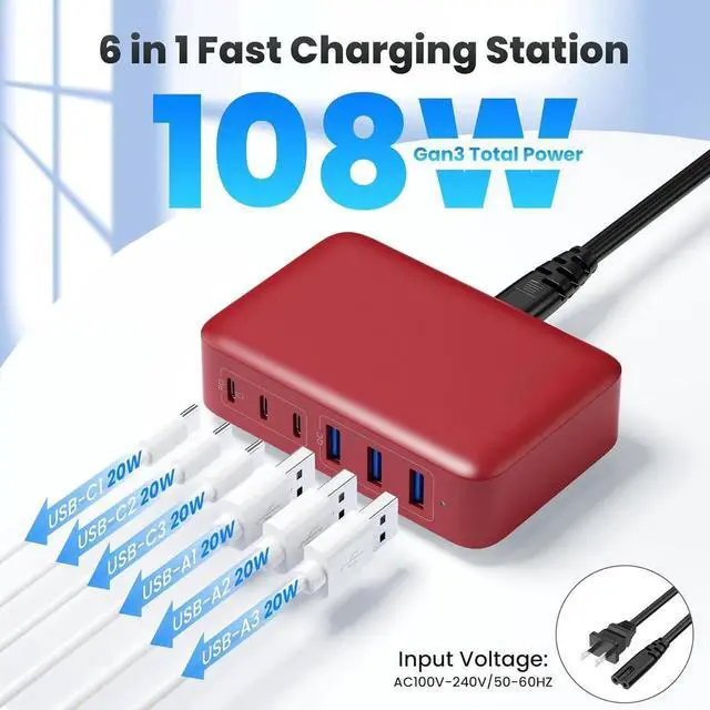 Alt view image 7 of 7 - USB C Charger 108W USB C Charger Block Upgraded GaN III 6-Port Fast USB Charging Station Hub 3xQC+3xPD3.0 Phone Charger Adapter Compatible with iPhone 16/15/14/13/X/8 Android iPad Tablets-Red