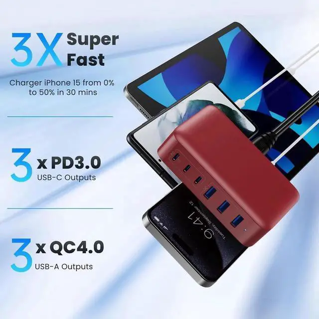 Alt view image 6 of 7 - USB C Charger 108W USB C Charger Block Upgraded GaN III 6-Port Fast USB Charging Station Hub 3xQC+3xPD3.0 Phone Charger Adapter Compatible with iPhone 16/15/14/13/X/8 Android iPad Tablets-Red