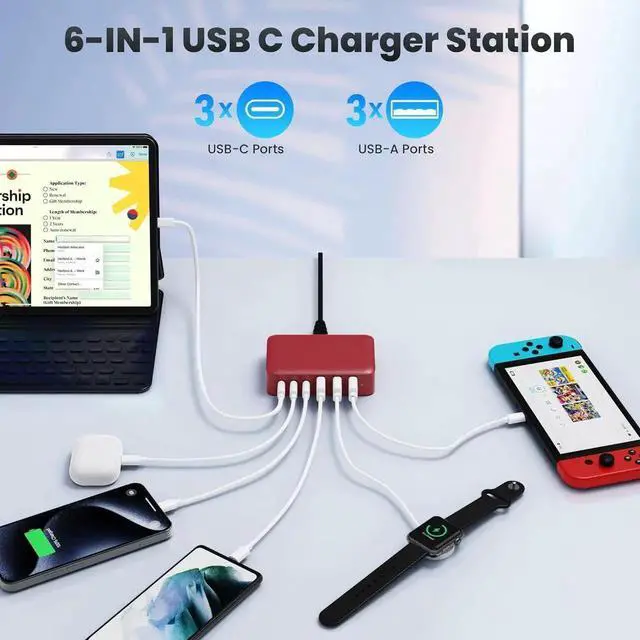 Alt view image 4 of 7 - USB C Charger 108W USB C Charger Block Upgraded GaN III 6-Port Fast USB Charging Station Hub 3xQC+3xPD3.0 Phone Charger Adapter Compatible with iPhone 16/15/14/13/X/8 Android iPad Tablets-Red