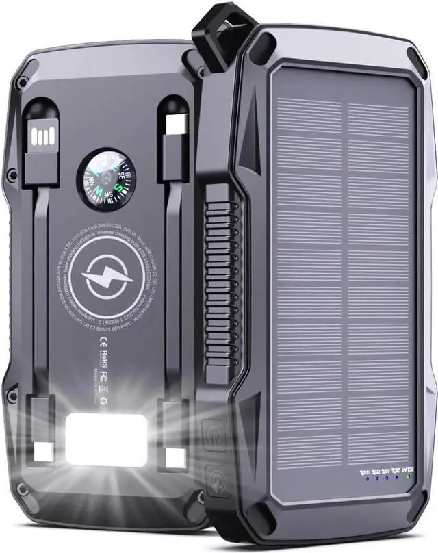 Main image of Solar Charger Power Bank 10000mAh with Security Alarm 22.5W Fast Charging Portable Wireless Phone Charger Dual USB C Cables LED Flashlight External Battery Pack for Outdoor Camping Hiking Travel