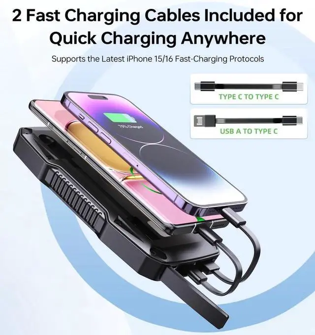 Alt view image 3 of 7 - Solar Charger Power Bank 10000mAh with Security Alarm 22.5W Fast Charging Portable Wireless Phone Charger Dual USB C Cables LED Flashlight External Battery Pack for Outdoor Camping Hiking Travel