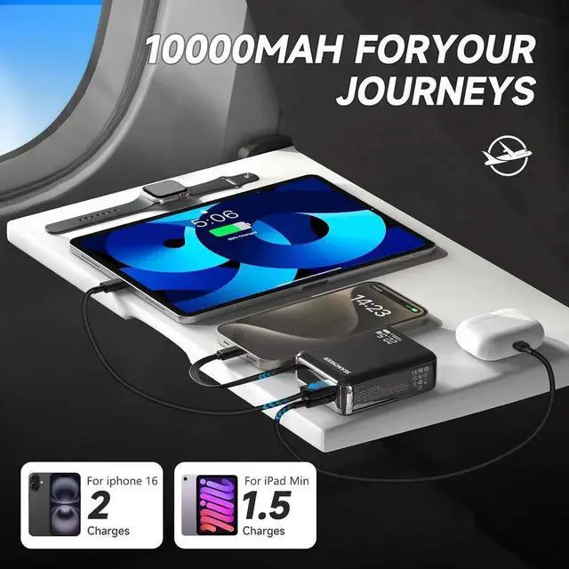 Alt view image 4 of 6 - Smallest Portable Charger 10000mAh Power Bank with 22.5w Fast Charging Retractable 2.3 ft USB-C Cable USB C in/Output 3-Output Mini Battery Pack Charger for iPhone 16/15 Series Android Travel