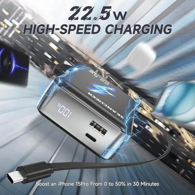 Alt view image 6 of 6 - Smallest Portable Charger 10000mAh Power Bank with 22.5w Fast Charging Retractable 2.3 ft USB-C Cable USB C in/Output 3-Output Mini Battery Pack Charger for iPhone 16/15 Series Android Travel