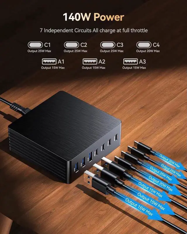 Alt view image 6 of 7 - 140W USB C Charger Block GaN III 7 Port Fast Charging Station PD 3.0 USB Wall Charger for Multiple Devices Portable Power Strip Laptop Charging Hub Travel Adapter for iPad iPhone Android
