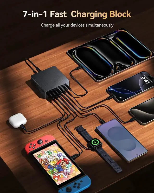 Alt view image 4 of 7 - 140W USB C Charger Block GaN III 7 Port Fast Charging Station PD 3.0 USB Wall Charger for Multiple Devices Portable Power Strip Laptop Charging Hub Travel Adapter for iPad iPhone Android