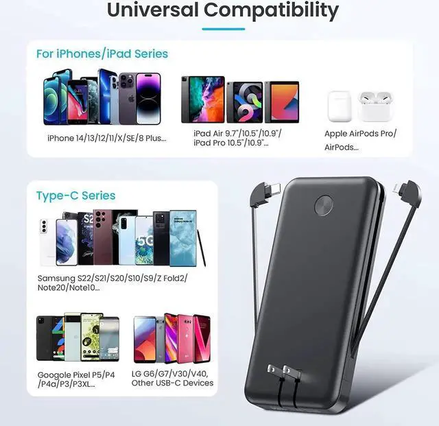 Alt view image 3 of 7 - Portable Charger with Built-in Cables & AC Wall Plug Upgraded 13800mAh USB-C Power Bank 4 Output LCD Display External Battery Pack Phone Charger Compatible with iPhone 16/15/14/13 Android etc