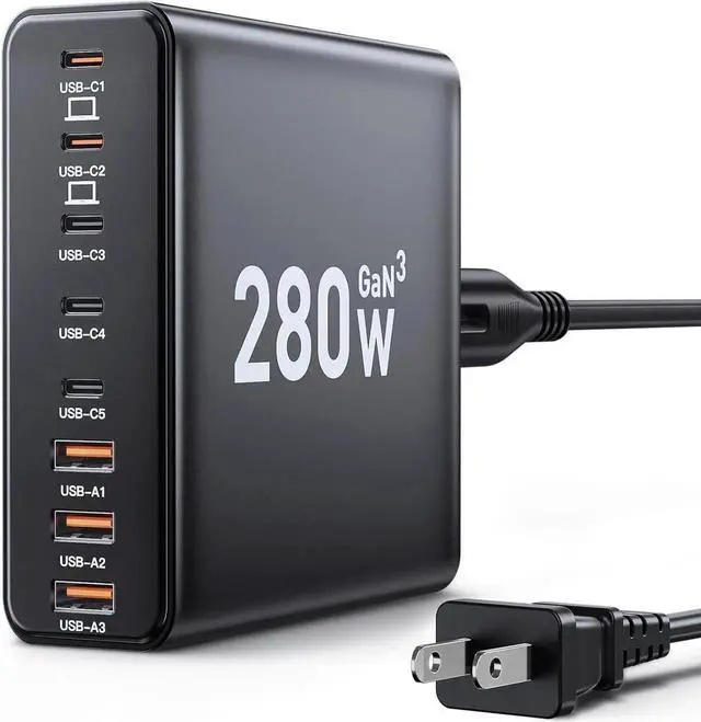 Main image of 280W USB C Charger Block 8-Port USB C Charging Station GaN III PD 65W Laptop Charger Adapter Compatible with MacBookPro/Air iPad Portable Charging Station for iPhone Galaxy (Black)