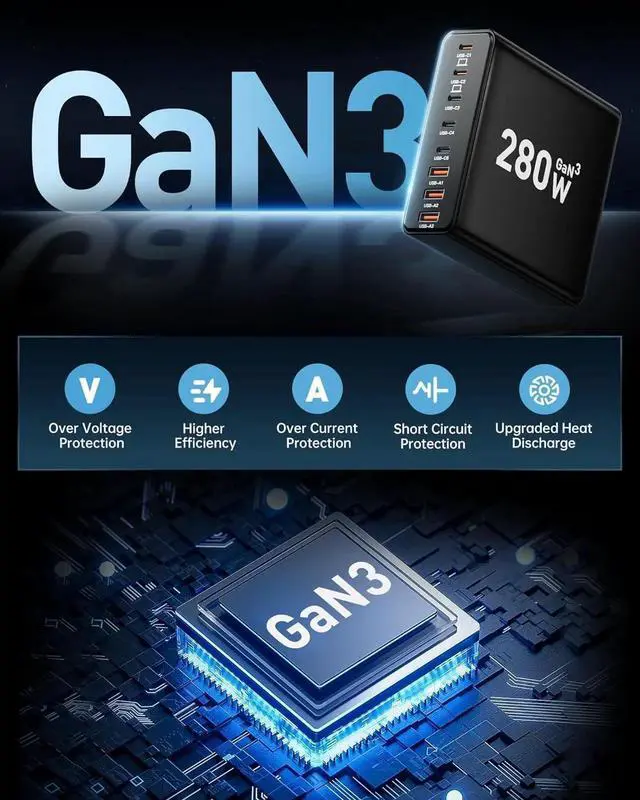 Alt view image 5 of 5 - 280W USB C Charger Block 8-Port USB C Charging Station GaN III PD 65W Laptop Charger Adapter Compatible with MacBookPro/Air iPad Portable Charging Station for iPhone Galaxy (Black)