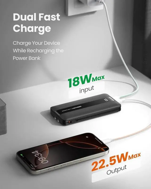 Alt view image 6 of 7 - Portable Charger with Foldable AC Wall Plug Fast Charging 10500mAh 22.5W Power Bank with Built-in Cables 4 Outputs 3 Inputs LED Display Slim Battery Pack Compatible with iPhone/Android (Black)