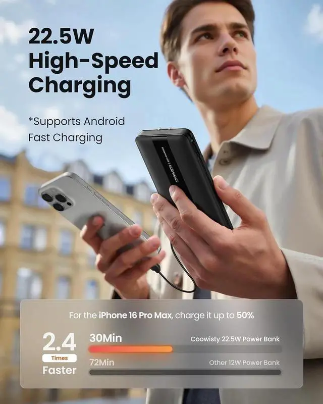 Alt view image 5 of 7 - Portable Charger with Foldable AC Wall Plug Fast Charging 10500mAh 22.5W Power Bank with Built-in Cables 4 Outputs 3 Inputs LED Display Slim Battery Pack Compatible with iPhone/Android (Black)