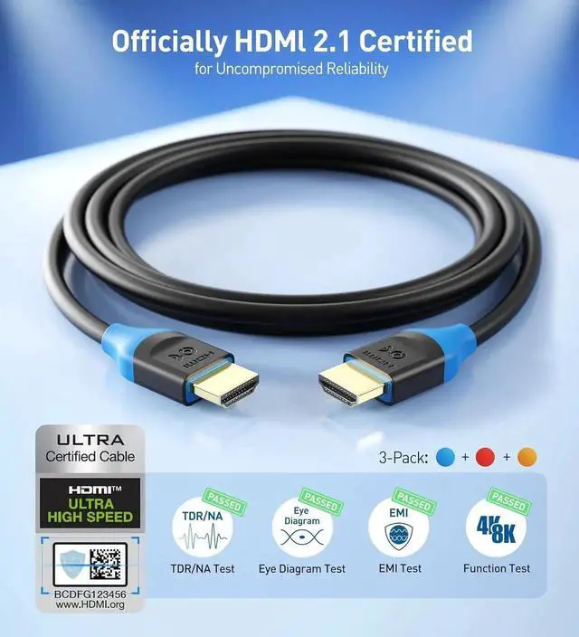 Alt view image 5 of 7 - JAENFONG [Ultra High Speed HDMI Certified] 3-Pack 48Gbps 8K HDMI Cable 6.6 ft / 2m with 8K@60Hz 4K@240Hz and HDR Support for PS5 Xbox Series X/S RTX3080/3090 RX 6800/6900 TV