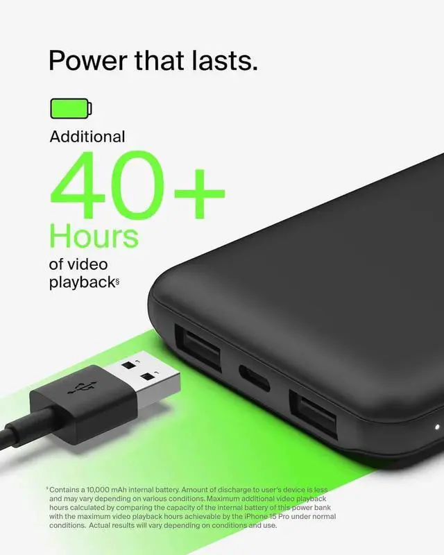 Alt view image 2 of 7 - Portable Charger USB-C Power Bank 10 000mAh w/ 2xUSB-A Ports 15W w/ Type-C to Type-A Cable for iPhone 16 16 Plus 16e Galaxy S25 Nintendo Switch 2 & More - Black