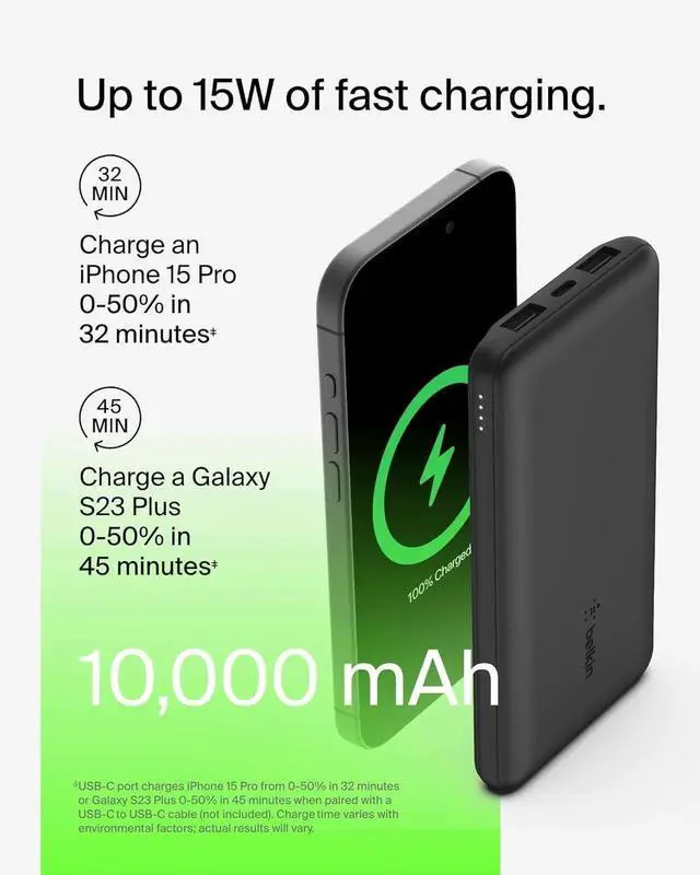 Alt view image 6 of 7 - Portable Charger USB-C Power Bank 10 000mAh w/ 2xUSB-A Ports 15W w/ Type-C to Type-A Cable for iPhone 16 16 Plus 16e Galaxy S25 Nintendo Switch 2 & More - Black