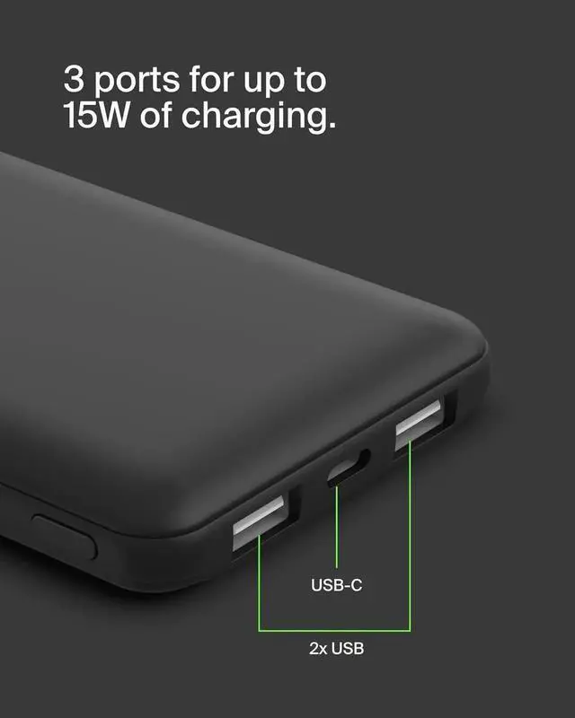 Alt view image 5 of 7 - Portable Charger USB-C Power Bank 10 000mAh w/ 2xUSB-A Ports 15W w/ Type-C to Type-A Cable for iPhone 16 16 Plus 16e Galaxy S25 Nintendo Switch 2 & More - Black
