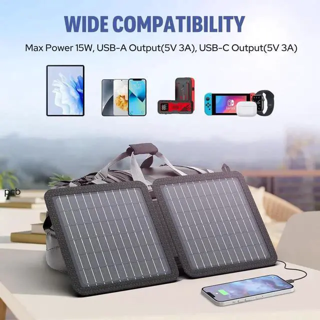 Alt view image 3 of 7 - Powkey Portable Solar Panel Chargers with 15W USB-A USB-C DC Output Foldable Power Emergency ETFE Panels Solar Battery Charger Compatible with Cell Phone iPad for Backpacking Camping Hiking (15W)