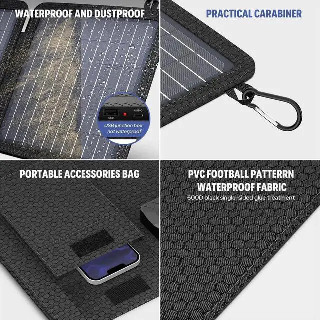 Alt view image 2 of 7 - Powkey Portable Solar Panel Chargers with 15W USB-A USB-C DC Output Foldable Power Emergency ETFE Panels Solar Battery Charger Compatible with Cell Phone iPad for Backpacking Camping Hiking (15W)