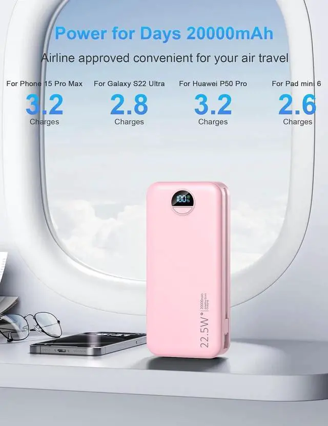 Alt view image 6 of 7 - JAENFONG Portable Charger with Wall Plug 20000mAh USB C Power Bank Fast Charging External Battery Pack with Built in Cables Digital Display 5 Output 2 Input for iPhone Android Cell Phone Tablet