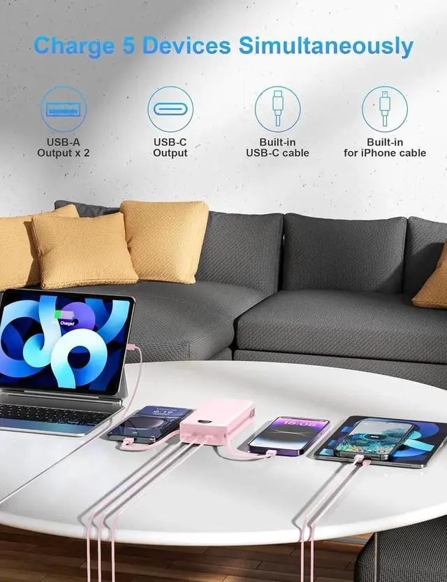 Alt view image 5 of 7 - JAENFONG Portable Charger with Wall Plug 20000mAh USB C Power Bank Fast Charging External Battery Pack with Built in Cables Digital Display 5 Output 2 Input for iPhone Android Cell Phone Tablet