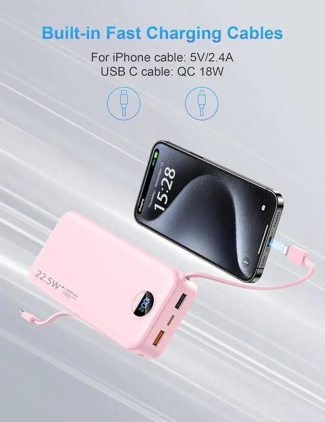 Alt view image 7 of 7 - JAENFONG Portable Charger with Wall Plug 20000mAh USB C Power Bank Fast Charging External Battery Pack with Built in Cables Digital Display 5 Output 2 Input for iPhone Android Cell Phone Tablet