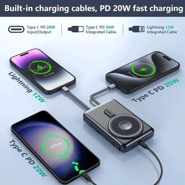 Alt view image 2 of 6 - for Magsafe Portable Charger 10000mAh Wireless Magnetic Power Bank with Built-in Cables Fast Charging for Magsafe Battery Pack Compatible with iPhone Android Watch AirPods Series (Black)