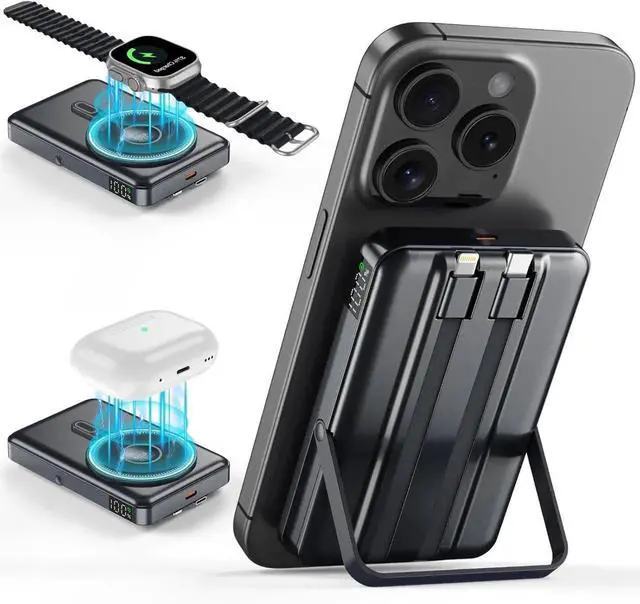 Main image of for Magsafe Portable Charger 10000mAh Wireless Magnetic Power Bank with Built-in Cables Fast Charging for Magsafe Battery Pack Compatible with iPhone Android Watch AirPods Series (Black)