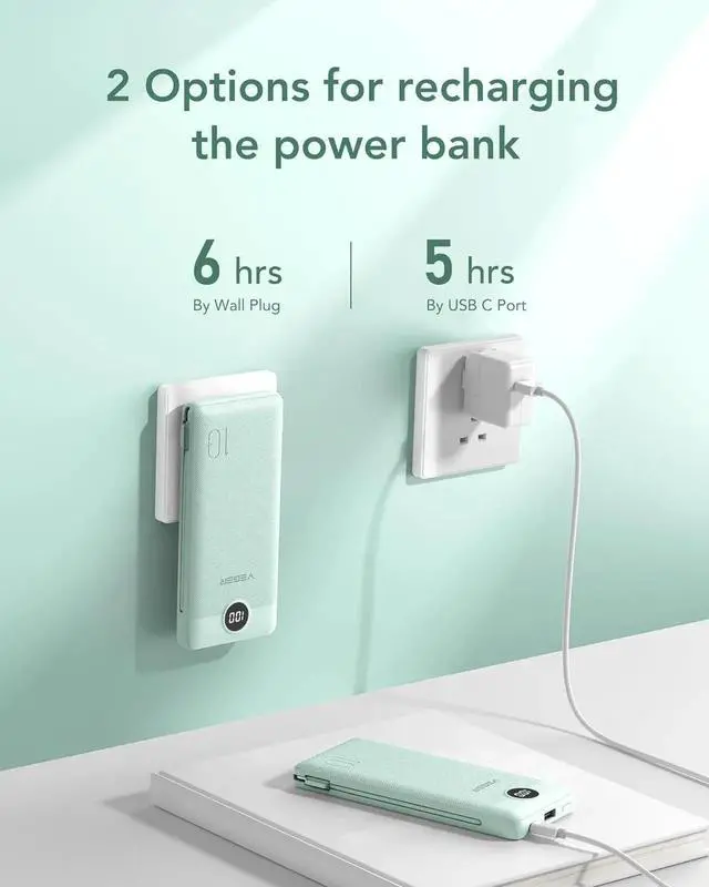 Alt view image 3 of 7 - Portable Charger for iPhone with Built in Cables and Wall Plug 10000mah Slim Fast Charging USB C Power Bank Travel Essential Battery Pack Compatible with iPhone iPad etc(Green)