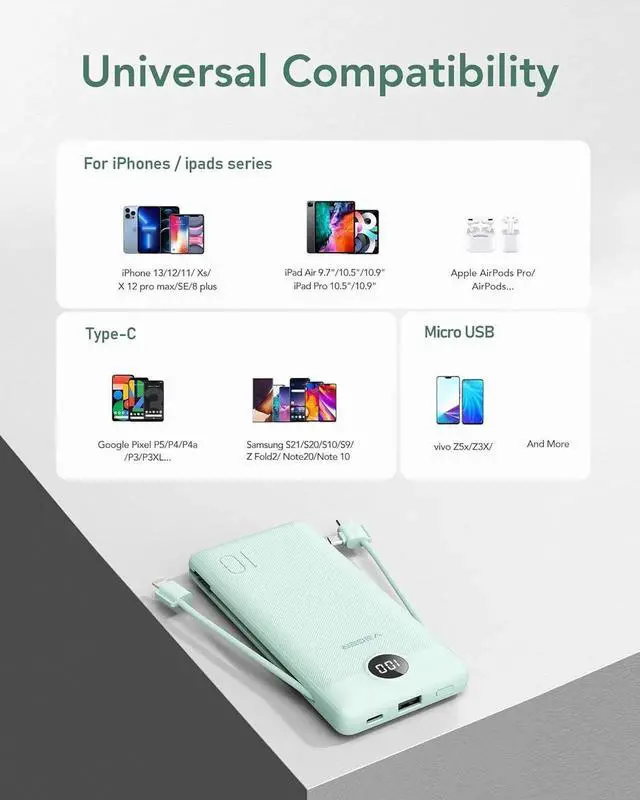 Alt view image 7 of 7 - Portable Charger for iPhone with Built in Cables and Wall Plug 10000mah Slim Fast Charging USB C Power Bank Travel Essential Battery Pack Compatible with iPhone iPad etc(Green)