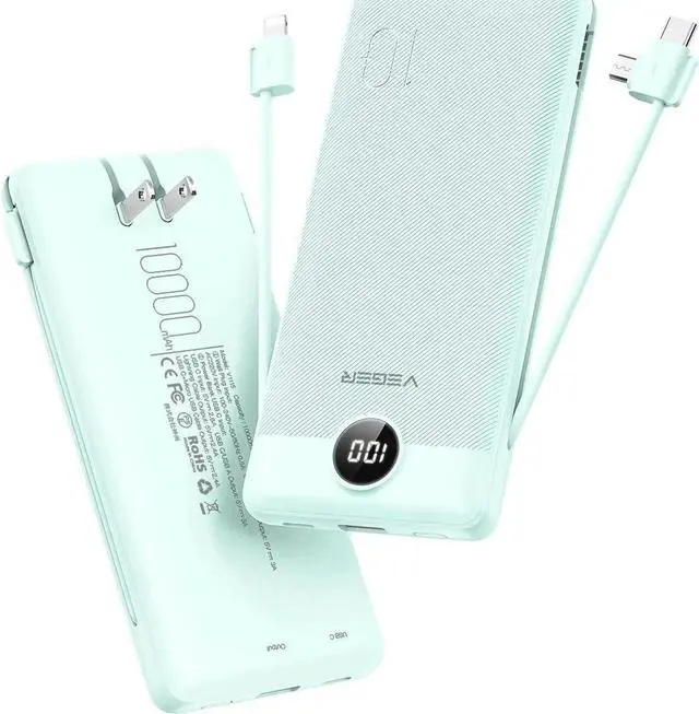 Main image of Portable Charger for iPhone with Built in Cables and Wall Plug 10000mah Slim Fast Charging USB C Power Bank Travel Essential Battery Pack Compatible with iPhone iPad etc(Green)