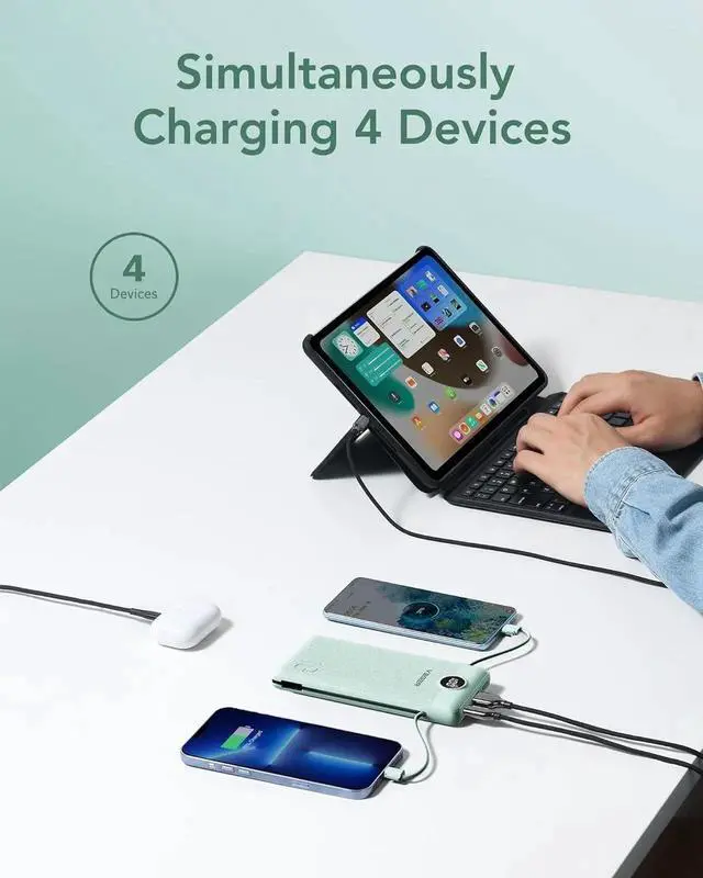 Alt view image 2 of 7 - Portable Charger for iPhone with Built in Cables and Wall Plug 10000mah Slim Fast Charging USB C Power Bank Travel Essential Battery Pack Compatible with iPhone iPad etc(Green)