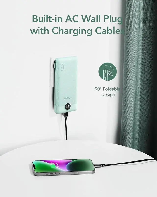 Alt view image 6 of 7 - Portable Charger for iPhone with Built in Cables and Wall Plug 10000mah Slim Fast Charging USB C Power Bank Travel Essential Battery Pack Compatible with iPhone iPad etc(Green)