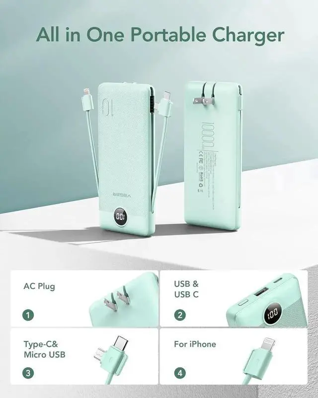 Alt view image 5 of 7 - Portable Charger for iPhone with Built in Cables and Wall Plug 10000mah Slim Fast Charging USB C Power Bank Travel Essential Battery Pack Compatible with iPhone iPad etc(Green)