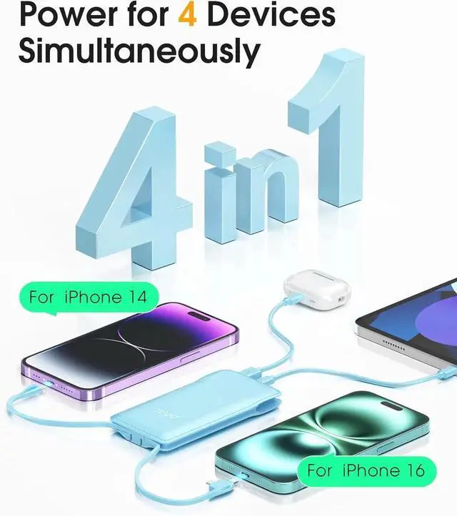 Alt view image 5 of 7 - JAENFONG 10000mAh Power Bank with Built-in AC Wall Plug and Cables Ultra Slim Phone External Battery Pack Portable Charger Compatible with iPhone and Android Devices