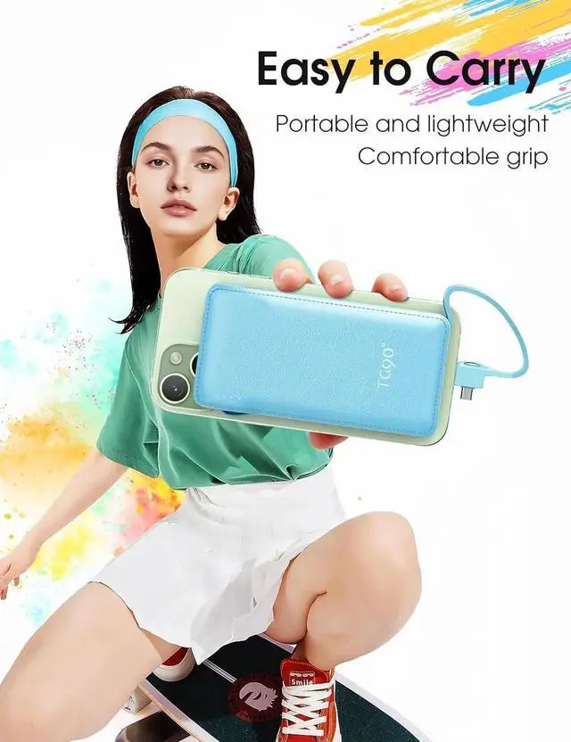 Alt view image 3 of 7 - JAENFONG 10000mAh Power Bank with Built-in AC Wall Plug and Cables Ultra Slim Phone External Battery Pack Portable Charger Compatible with iPhone and Android Devices