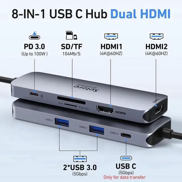 Alt view image 2 of 7 - JAENFONG USB C Docking Station Dual HDMI Monitor USB C to Dual HDMI Adapter with 2HDMI Ports PD Charging SD/TF USB A&C 3.0 Ports Laptop Docking Station for XPS/HP//Surface/Yoga etc