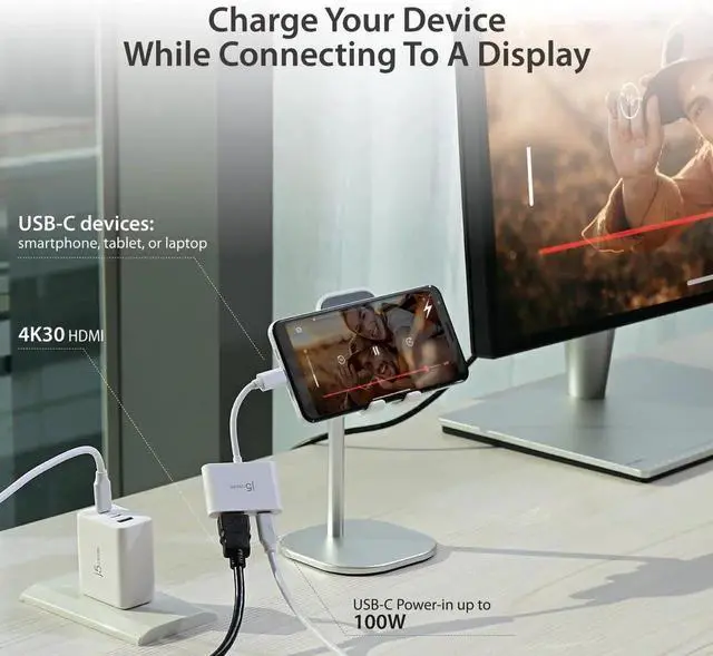 Alt view image 6 of 7 - JAENFONG 2-in-1 USB-C to 4K HDMI Adapter with PD Charging Port Supports 4K UHD Video Charge While Displaying Compatible with MacBook iPad Smartphone Laptop Steam Deck (JCA152)