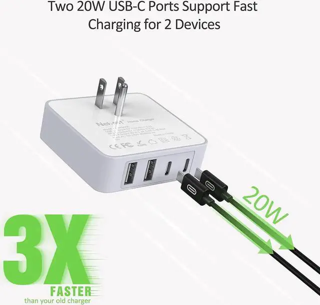 Alt view image 3 of 6 - USB C Charger Thin Flat 52W 4-Port Fast Wall Charger with Two 20W Power Delivery and 2 Port for iPhone 14/14 Pro/14 Pro Max Galaxy Pixel iPad Pro AirPods More Upgraded